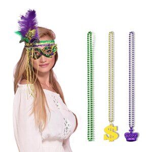 Feather Headbands Bead Necklaces Mask Set for Masquerade 1920s Party Women Men